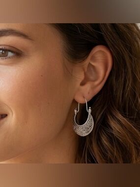 Bohemian Antique Style Silver Basket Hoop Earrings Ornate Floral Engraved Design